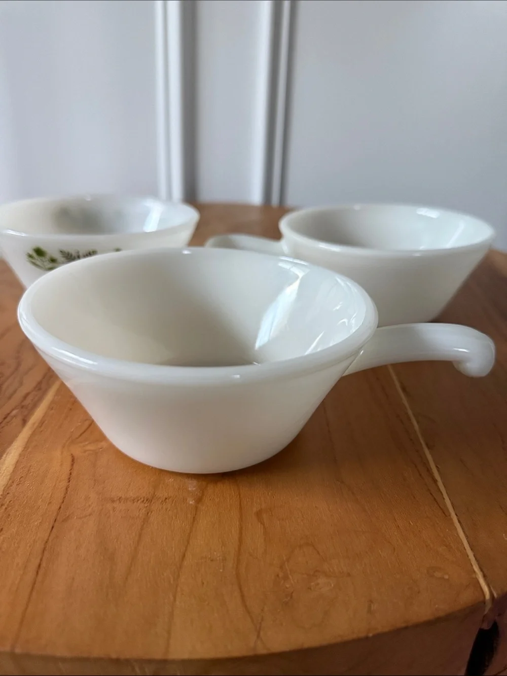 Anchor Hocking Fire King Set of 3 Milk Glass Soup Bowls Meadow Green & Plain
